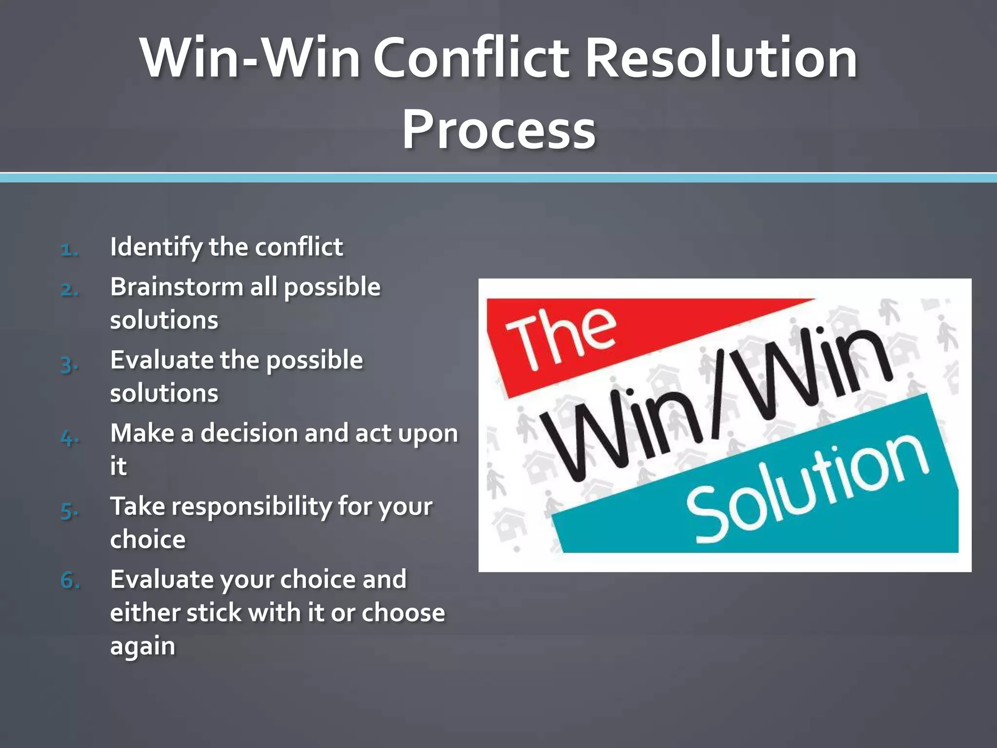 Win-Win Conflict Resolution
                Process
1.   Identify the conflict
2.   Brainstorm all possible
     solutions
3.   Evaluate the possible
     solutions
4.   Make a decision and act upon
     it
5.   Take responsibility for your
     choice
6.   Evaluate your choice and
     either stick with it or choose
     again
 