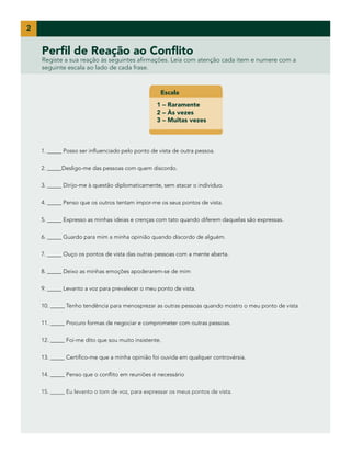 2

Perfil de Reação ao Conflito

Registe a sua reação às seguintes afirmações. Leia com atenção cada item e numere com a
seguinte escala ao lado de cada frase.

Escala
1 – Raramente
2 – Às vezes
3 – Muitas vezes

1. _____ Posso ser influenciado pelo ponto de vista de outra pessoa.
2. _____Desligo-me das pessoas com quem discordo.
3. _____ Dirijo-me à questão diplomaticamente, sem atacar o individuo.
4. _____ Penso que os outros tentam impor-me os seus pontos de vista.
5. _____ Expresso as minhas ideias e crenças com tato quando diferem daquelas são expressas.
6. _____ Guardo para mim a minha opinião quando discordo de alguém.
7. _____ Ouço os pontos de vista das outras pessoas com a mente aberta.
8. _____ Deixo as minhas emoções apoderarem-se de mim
9. _____ Levanto a voz para prevalecer o meu ponto de vista.
10. _____ Tenho tendência para menosprezar as outras pessoas quando mostro o meu ponto de vista
11. _____ Procuro formas de negociar e comprometer com outras pessoas.
12. _____ Foi-me dito que sou muito insistente.
13. _____ Certifico-me que a minha opinião foi ouvida em qualquer controvérsia.
14. _____ Penso que o conflito em reuniões é necessário
15. _____ Eu levanto o tom de voz, para expressar os meus pontos de vista.

 