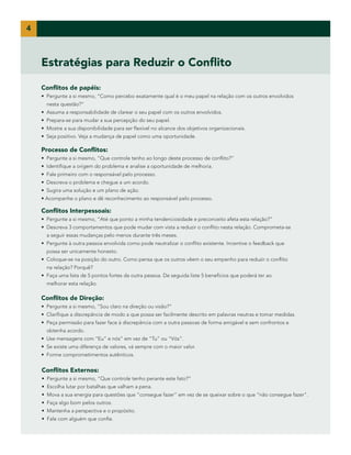 4

Estratégias para Reduzir o Conflito
Conflitos de papéis:
• Pergunte a si mesmo, “Como percebo exatamente qual é o meu papel na relação com os outros envolvidos
nesta questão?”
• Assuma a responsabilidade de clarear o seu papel com os outros envolvidos.
• Prepara-se para mudar a sua percepção do seu papel.
• Mostre a sua disponibilidade para ser flexível no alcance dos objetivos organizacionais.
• Seja positivo. Veja a mudança de papel como uma oportunidade.

Processo de Conflitos:
• Pergunte a si mesmo, “Que controle tenho ao longo deste processo de conflito?”
• Identifique a origem do problema e analise a oportunidade de melhoria.
• Fale primeiro com o responsável pelo processo.
• Descreva o problema e chegue a um acordo.
• Sugira uma solução e um plano de ação.
• Acompanhe o plano e dê reconhecimento ao responsável pelo processo.

Conflitos Interpessoais:
• Pergunte a si mesmo, “Até que ponto a minha tendenciosidade e preconceito afeta esta relação?”
• Descreva 3 comportamentos que pode mudar com vista a reduzir o conflito nesta relação. Comprometa-se
a seguir essas mudanças pelo menos durante três meses.
• Pergunte à outra pessoa envolvida como pode neutralizar o conflito existente. Incentive o feedback que
possa ser unicamente honesto.
• Coloque-se na posição do outro. Como pensa que os outros vêem o seu empenho para reduzir o conflito
na relação? Porquê?
• Faça uma lista de 5 pontos fortes da outra pessoa. De seguida liste 5 benefícios que poderá ter ao
melhorar esta relação.

Conflitos de Direção:
• Pergunte a si mesmo, “Sou claro na direção ou visão?”
• Clarifique a discrepância de modo a que possa ser facilmente descrito em palavras neutras e tomar medidas.
• Peça permissão para fazer face à discrepância com a outra pessoas de forma amigável e sem confrontos e
obtenha acordo.
• Use mensagens com “Eu” e nós” em vez de “Tu” ou “Vós”.
• Se existe uma diferença de valores, vá sempre com o maior valor.
• Forme comprometimentos autênticos.

Conflitos Externos:
• Pergunte a si mesmo, “Que controle tenho perante este fato?”
• Escolha lutar por batalhas que valham a pena.
• Mova a sua energia para questões que “consegue fazer” em vez de se queixar sobre o que “não consegue fazer”.
• Faça algo bom pelos outros.
• Mantenha a perspectiva e o propósito.
• Fale com alguém que confie.

 