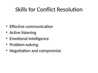 Skills for Conflict Resolution
• Effective communication
• Active listening
• Emotional intelligence
• Problem-solving
• Negotiation and compromise
 