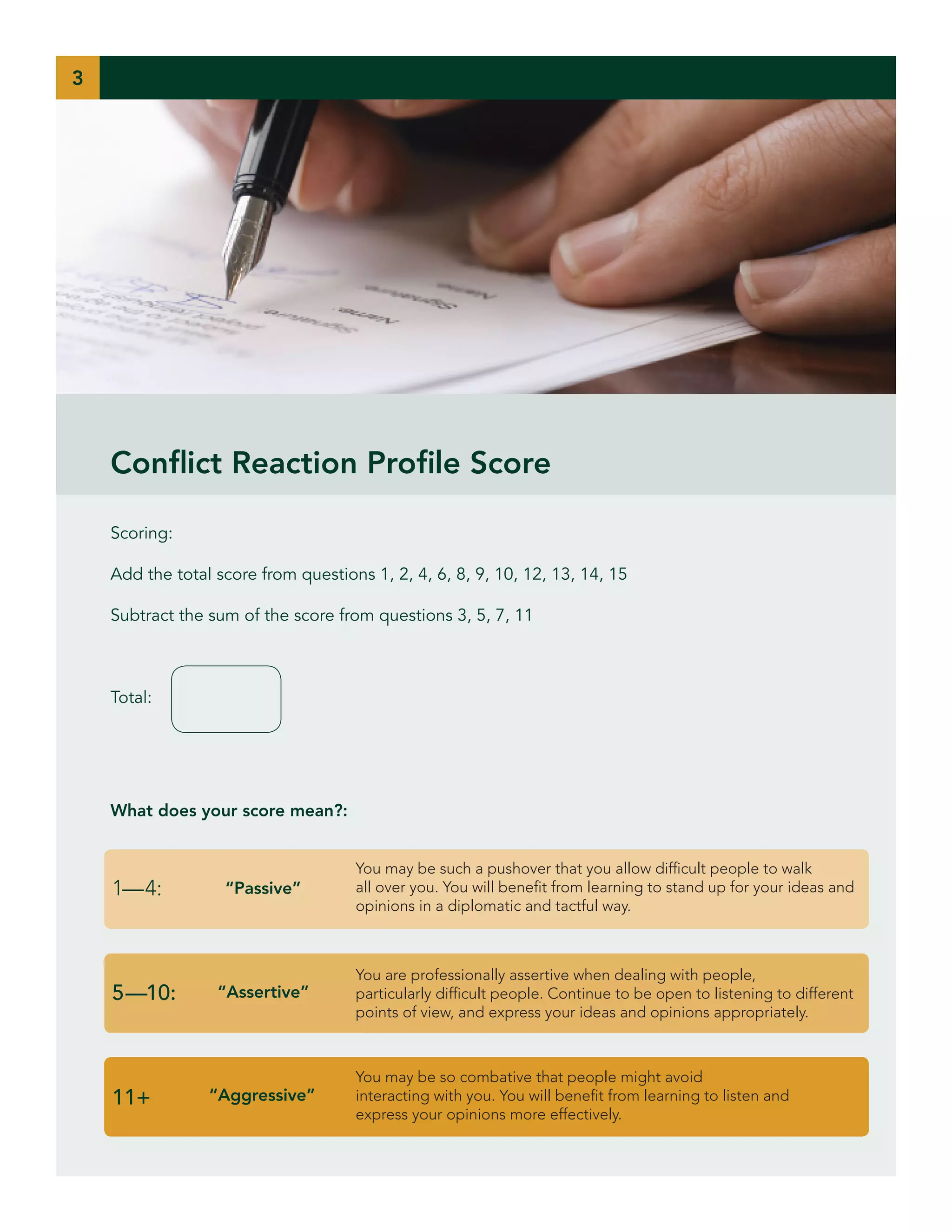 3

Conflict Reaction Profile Score
Scoring:
Add the total score from questions 1, 2, 4, 6, 8, 9, 10, 12, 13, 14, 15
Subtract the sum of the score from questions 3, 5, 7, 11

Total:

What does your score mean?:

1—4:

5—10:

11+

“Passive”

You may be such a pushover that you allow difficult people to walk
all over you. You will benefit from learning to stand up for your ideas and
opinions in a diplomatic and tactful way.

“Assertive”

You are professionally assertive when dealing with people,
particularly difficult people. Continue to be open to listening to different
points of view, and express your ideas and opinions appropriately.

“Aggressive”

You may be so combative that people might avoid
interacting with you. You will benefit from learning to listen and
express your opinions more effectively.

 