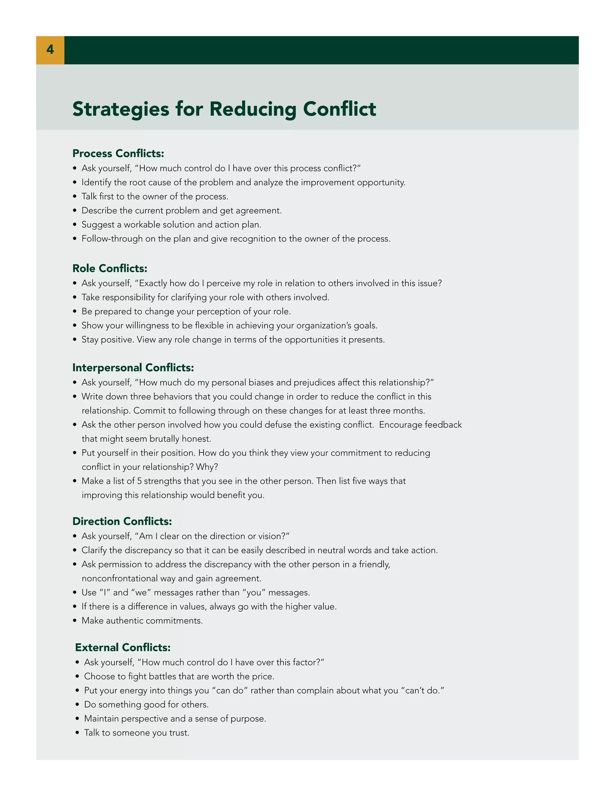 4

Strategies for Reducing Conflict
Process Conflicts:
• Ask yourself, “How much control do I have over this process conflict?”
• Identify the root cause of the problem and analyze the improvement opportunity.
• Talk first to the owner of the process.
• Describe the current problem and get agreement.
• Suggest a workable solution and action plan.
• Follow-through on the plan and give recognition to the owner of the process.

Role Conflicts:
• Ask yourself, “Exactly how do I perceive my role in relation to others involved in this issue?
• Take responsibility for clarifying your role with others involved.
• Be prepared to change your perception of your role.
• Show your willingness to be flexible in achieving your organization’s goals.
• Stay positive. View any role change in terms of the opportunities it presents.

Interpersonal Conflicts:
• Ask yourself, “How much do my personal biases and prejudices affect this relationship?”
• Write down three behaviors that you could change in order to reduce the conflict in this
relationship. Commit to following through on these changes for at least three months.
• Ask the other person involved how you could defuse the existing conflict. Encourage feedback
that might seem brutally honest.
• Put yourself in their position. How do you think they view your commitment to reducing
conflict in your relationship? Why?
• Make a list of 5 strengths that you see in the other person. Then list five ways that
improving this relationship would benefit you.

Direction Conflicts:
• Ask yourself, “Am I clear on the direction or vision?”
• Clarify the discrepancy so that it can be easily described in neutral words and take action.
• Ask permission to address the discrepancy with the other person in a friendly,
nonconfrontational way and gain agreement.
• Use “I” and “we” messages rather than “you” messages.
• If there is a difference in values, always go with the higher value.
• Make authentic commitments.

External Conflicts:
• Ask yourself, “How much control do I have over this factor?”
• Choose to fight battles that are worth the price.
• Put your energy into things you “can do” rather than complain about what you “can’t do.”
• Do something good for others.
• Maintain perspective and a sense of purpose.
• Talk to someone you trust.

 