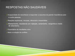ÿ Expectativa de resultados ruins.
ÿ Reações explosivas, raivosas, ofensivas e ressentidas.
ÿ Incapacidade de reconhecer e responder a assuntos de grande importância para
a outra pessoa.
ÿ Afastamento, resultando em rejeição, isolamento, vergonha e medo
de abandono.
RESPOSTAS NÃO SAUDÁVEIS
ÿ Medo e evitação de conflitos.
Machine Translated by Google
 