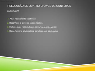 HABILIDADES
RESOLUÇÃO DE QUATRO CHAVES DE CONFLITOS
3. Melhore suas habilidades de comunicação não-verbal.
1. Alivie rapidamente o estresse.
4. Use o humor e a brincadeira para lidar com os desafios.
2. Reconheça e gerencie suas emoções.
Machine Translated by Google
 