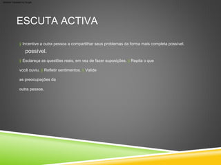 ÿ Esclareça as questões reais, em vez de fazer suposições. ÿ Repita o que
você ouviu. ÿ Refletir sentimentos. ÿ Valide
as preocupações da
outra pessoa.
ÿ Incentive a outra pessoa a compartilhar seus problemas da forma mais completa possível.
possível.
ESCUTA ACTIVA
Machine Translated by Google
 