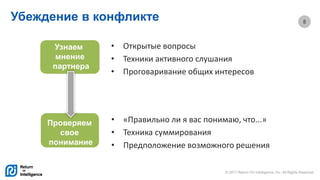 © 2017 Return On Intelligence, Inc. All Rights Reserved
8
Убеждение в конфликте
Узнаем
мнение
партнера
Проверяем
свое
понимание
• Открытые вопросы
• Техники активного слушания
• Проговаривание общих интересов
• «Правильно ли я вас понимаю, что...»
• Техника суммирования
• Предположение возможного решения
 