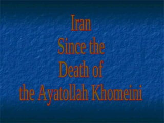 Another NuclearAnother Nuclear
Power?Power?US satellite photo of
Iranian nuclear
facility near Arak.
• 2004: Iran announces its plan
to create a nuclear power
program to generate electricity
• Many countries feel this would
lead to the creation of nuclear
weapons by Iran
• World pressure is placed on
Iran
 