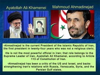 President Hassan RouhaniPresident Hassan Rouhani
Supreme Leader
Ayatollah Ali
Khamenei
Supreme Leader
Ayatollah Ali
Khamenei
“Problems of 35 years cannot be
resolved in a short period of
time.”
“Problems of 35 years cannot be
resolved in a short period of
time.”
 