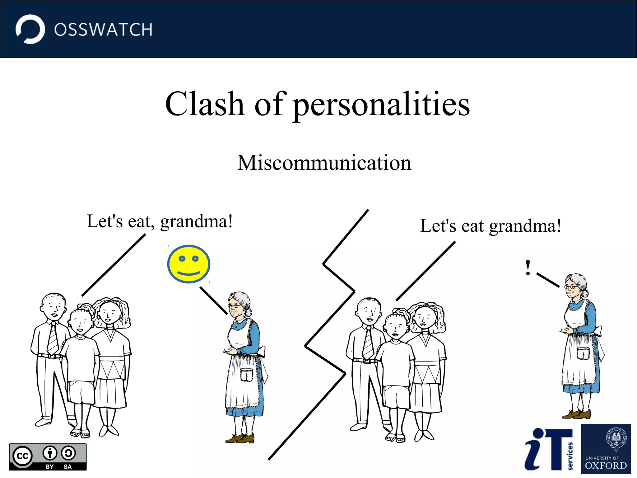 Clash of personalities
Miscommunication
Let's eat, grandma!

Let's eat grandma!

!

 