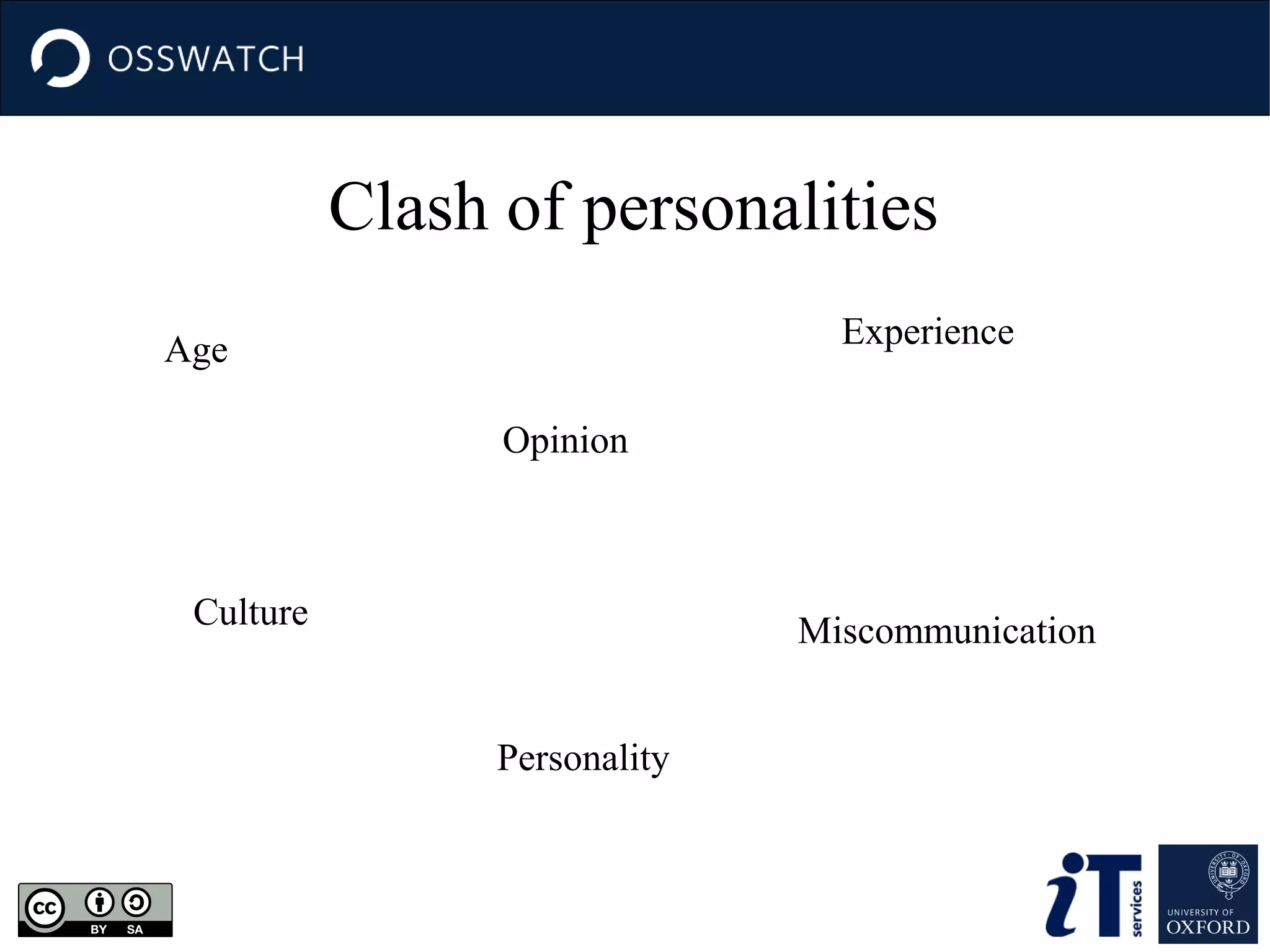 Clash of personalities
Experience

Age
Opinion

Culture

Miscommunication
Personality

 