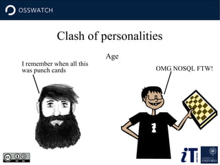 Clash of personalities
I remember when all this
was punch cards

Age
OMG NOSQL FTW!

 