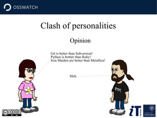 Clash of personalities
Opinion
Git is better than Subversion!
Python is bettter than Ruby!
Iron Maiden are better than Metallica!
Meh.
 