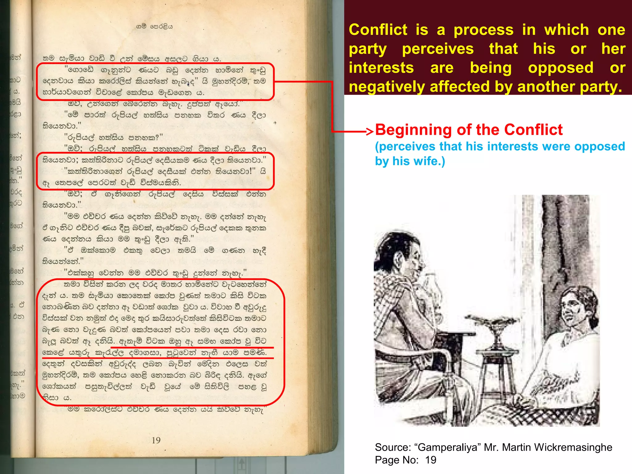 Conflict is a process in which one
party perceives that his or her
interests are being opposed or
negatively affected by another party.
Beginning of the Conflict
(perceives that his interests were opposed
by his wife.)
Source: “Gamperaliya” Mr. Martin Wickremasinghe
Page No: 19
 