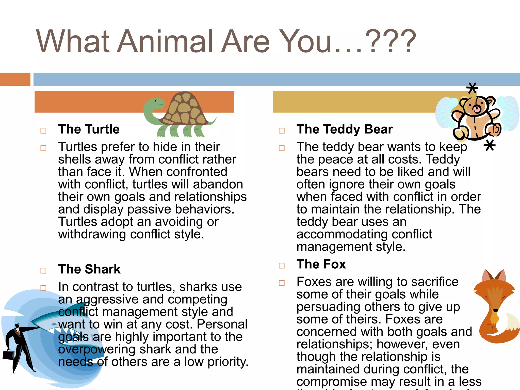 What Animal Are You…???

   The Turtle                               The Teddy Bear
   Turtles prefer to hide in their          The teddy bear wants to keep
    shells away from conflict rather          the peace at all costs. Teddy
    than face it. When confronted             bears need to be liked and will
    with conflict, turtles will abandon       often ignore their own goals
    their own goals and relationships         when faced with conflict in order
    and display passive behaviors.            to maintain the relationship. The
    Turtles adopt an avoiding or              teddy bear uses an
    withdrawing conflict style.               accommodating conflict
                                              management style.
   The Shark                                The Fox
   In contrast to turtles, sharks use       Foxes are willing to sacrifice
    an aggressive and competing               some of their goals while
    conflict management style and             persuading others to give up
    want to win at any cost. Personal         some of theirs. Foxes are
    goals are highly important to the         concerned with both goals and
    overpowering shark and the                relationships; however, even
    needs of others are a low priority.       though the relationship is
                                              maintained during conflict, the
                                              compromise may result in a less
 