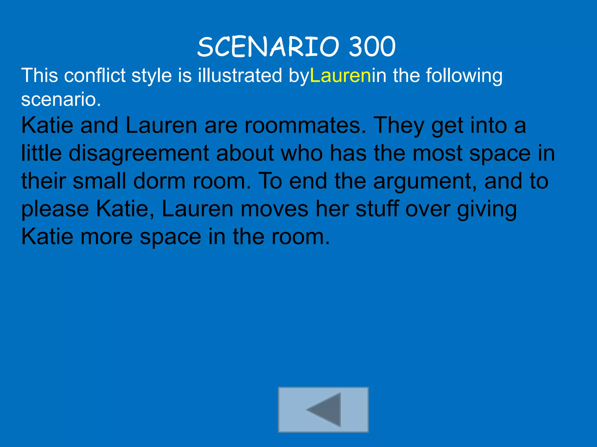 SCENARIO 300
This conflict style is illustrated byLaurenin the following
scenario.
Katie and Lauren are roommates. They get into a
little disagreement about who has the most space in
their small dorm room. To end the argument, and to
please Katie, Lauren moves her stuff over giving
Katie more space in the room.
 