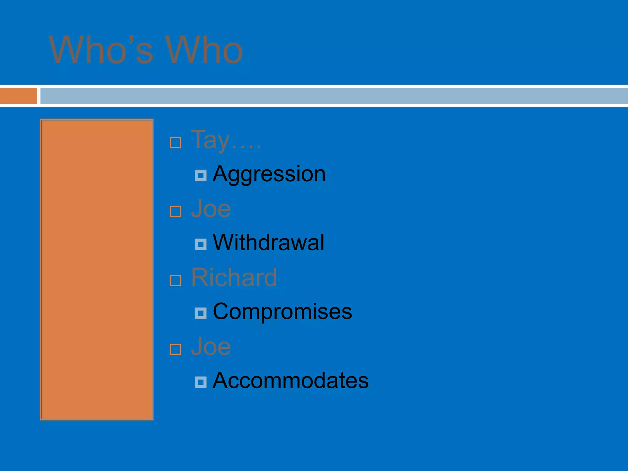 Who‟s Who

        Tay….
          Aggression

        Joe
          Withdrawal

        Richard
          Compromises

        Joe
          Accommodates
 