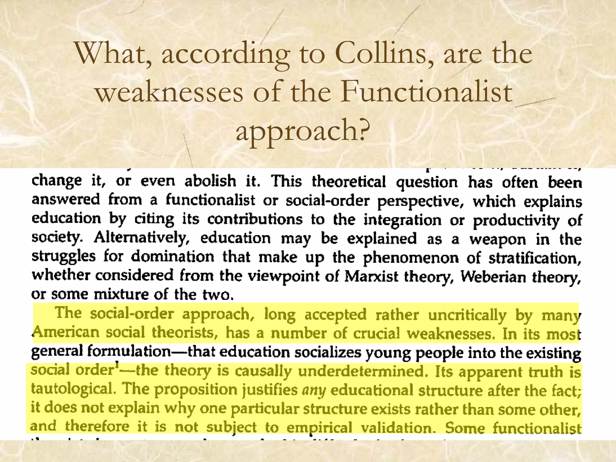 What, according to Collins, are the weaknesses of the Functionalist approach?