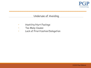 © 2015 Paul Gibbons
Underuse of Avoiding
• Hostility/Hurt Feelings
• Too Many Causes
• Lack of Prioritization/Delegation
 