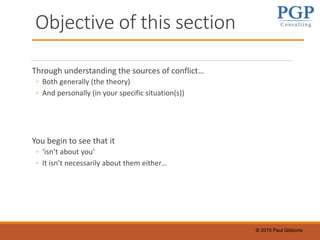 © 2015 Paul Gibbons
Objective of this section
Through understanding the sources of conflict…
◦ Both generally (the theory)
◦ And personally (in your specific situation(s))
You begin to see that it
◦ ‘isn’t about you’
◦ It isn’t necessarily about them either…
 