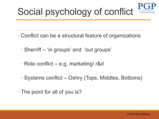 © 2015 Paul Gibbons
Social psychology of conflict
◦ Conflict can be a structural feature of organizations
◦ Sherriff – ‘in groups’ and ‘out groups’
◦ Role conflict – e.g. marketing/ r&d
◦ Systems conflict – Oshry (Tops, Middles, Bottoms)
◦ The point for all of you is?
 