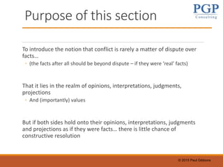 © 2015 Paul Gibbons
Purpose of this section
To introduce the notion that conflict is rarely a matter of dispute over
facts…
◦ (the facts after all should be beyond dispute – if they were ‘real’ facts)
That it lies in the realm of opinions, interpretations, judgments,
projections
◦ And (importantly) values
But if both sides hold onto their opinions, interpretations, judgments
and projections as if they were facts… there is little chance of
constructive resolution
 