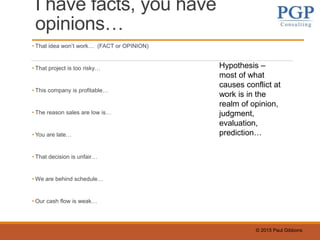 © 2015 Paul Gibbons
I have facts, you have
opinions…
• That idea won’t work… (FACT or OPINION)
• That project is too risky…
• This company is profitable…
• The reason sales are low is…
• You are late…
• That decision is unfair…
• We are behind schedule…
• Our cash flow is weak…
Hypothesis –
most of what
causes conflict at
work is in the
realm of opinion,
judgment,
evaluation,
prediction…
 