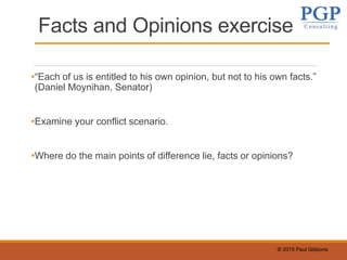 © 2015 Paul Gibbons
Facts and Opinions exercise
•“Each of us is entitled to his own opinion, but not to his own facts.”
(Daniel Moynihan, Senator)
•Examine your conflict scenario.
•Where do the main points of difference lie, facts or opinions?
 