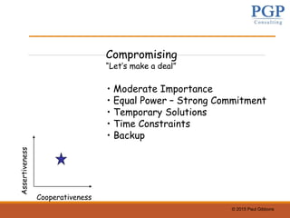 © 2015 Paul Gibbons
Assertiveness
Cooperativeness
Compromising
“Let’s make a deal”
• Moderate Importance
• Equal Power – Strong Commitment
• Temporary Solutions
• Time Constraints
• Backup
 
