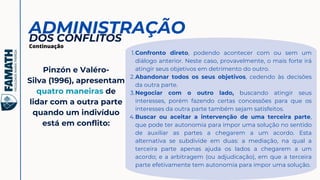 Pinzón e Valéro-
Silva (1996), apresentam
quatro maneiras de
lidar com a outra parte
quando um indivíduo
está em conflito:
Confronto direto, podendo acontecer com ou sem um
diálogo anterior. Neste caso, provavelmente, o mais forte irá
atingir seus objetivos em detrimento do outro.
1.
Abandonar todos os seus objetivos, cedendo às decisões
da outra parte.
2.
Negociar com o outro lado, buscando atingir seus
interesses, porém fazendo certas concessões para que os
interesses da outra parte também sejam satisfeitos.
3.
Buscar ou aceitar a intervenção de uma terceira parte,
que pode ter autonomia para impor uma solução no sentido
de auxiliar as partes a chegarem a um acordo. Esta
alternativa se subdivide em duas: a mediação, na qual a
terceira parte apenas ajuda os lados a chegarem a um
acordo; e a arbitragem (ou adjudicação), em que a terceira
parte efetivamente tem autonomia para impor uma solução.
4.
ADMINISTRAÇÃO
DOS CONFLITOS
Continuação
 