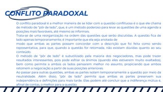 CONFLITO PARADOXAL
O conflito paradoxal é a melhor maneira de se lidar com a questão conflituosa é o que ele chama
de método de “pôr de lado”, que, é um método poderoso para levar as questões de uma agenda a
posições mais favoráveis, até mesmo as informais.
Trata-se de uma reorganização na ordem das questões que serão discutidas. A questão fica de
lado apenas temporariamente; é importante que ela seja anotada de
modo que ambas as partes possam concordar com a descrição que foi feita como sendo
representativa, para que, quando a questão for retomada, não existam dúvidas quanto ao seu
conteúdo.
O método de “pôr de lado” é subutilizado pela maioria dos negociadores, mas pode trazer
resultados interessantes, pois pode esfriar os ânimos (quando eles estiverem muito exaltados),
bem como permite a ambos os lados pensarem melhor no assunto, propiciando que ambos
retomem a negociação a partir de suas posições anteriores.
Ao passar para outras questões, ambas as partes isolam temporariamente a questão por meio da
neutralidade. Além disso, “pôr de lado” permite que ambas as partes preservem sua
independência e definições para mais tarde. Elas podem até concluir que a indiferença mútua é,
afinal de contas, o melhor para a questão.
 