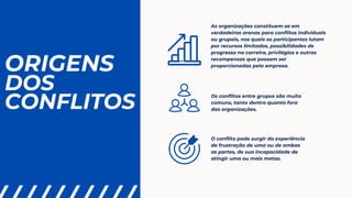 ORIGENS
DOS
CONFLITOS
As organizações constituem-se em
verdadeiras arenas para conflitos individuais
ou grupais, nos quais os participantes lutam
por recursos limitados, possibilidades de
progresso na carreira, privilégios e outras
recompensas que possam ser
proporcionadas pela empresa.
Os conflitos entre grupos são muito
comuns, tanto dentro quanto fora
das organizações.
O conflito pode surgir da experiência
de frustração de uma ou de ambas
as partes, de sua incapacidade de
atingir uma ou mais metas.
 