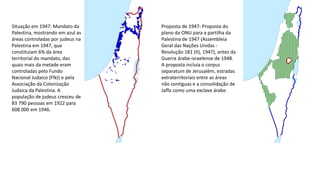 Situação em 1947: Mandato da
Palestina, mostrando em azul as
áreas controladas por judeus na
Palestina em 1947, que
constituíam 6% da área
territorial do mandato, das
quais mais da metade eram
controladas pelo Fundo
Nacional Judaico (FNJ) e pela
Associação da Colonização
Judaica da Palestina. A
população de judeus cresceu de
83 790 pessoas em 1922 para
608 000 em 1946.
Proposta de 1947: Proposta do
plano da ONU para a partilha da
Palestina de 1947 (Assembleia
Geral das Nações Unidas -
Resolução 181 (II), 1947), antes da
Guerra árabe-israelense de 1948.
A proposta incluía o corpus
separatum de Jerusalém, estradas
extraterritoriais entre as áreas
não contíguas e a consolidação de
Jaffa como uma exclave árabe.
 