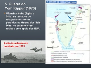 5. Guerra do
Yom Kippur (1973)
 Ofensiva árabe (Egito e
Síria) na tentativa de
recuperar territórios
perdidos na Guerra dos Seis
Dias; no entanto Israel
resistiu com apoio dos EUA.
Avião israelense em
combate em 1973
 