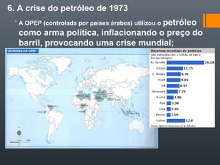 6. A crise do petróleo de 1973
 A OPEP (controlada por países árabes) utilizou o petróleo
como arma política, inflacionando o preço do
barril, provocando uma crise mundial;
 