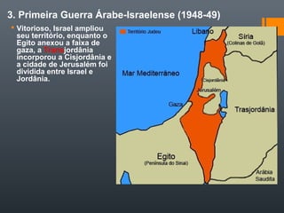 3. Primeira Guerra Árabe-Israelense (1948-49)
 Vitorioso, Israel ampliou
seu território, enquanto o
Egito anexou a faixa de
gaza, a Transjordânia
incorporou a Cisjordânia e
a cidade de Jerusalém foi
dividida entre Israel e
Jordânia.
 