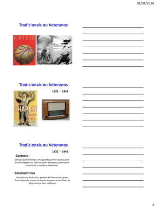01/04/2014
3
1922 - 1945
Contexto
Geração que enfrentou uma grande guerra e passou pela
Grande Depressão. Com os países arrasados, precisaram
reconstruir o mundo e sobreviver.
1922 - 1945
Características
São práticos, dedicados, gostam de hierarquias rígidas,
ficam bastante tempo na mesma empresa e sacrificam-se
para alcançar seus objetivos.
 