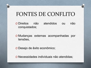 FONTES DE CONFLITO
O Direitos não atendidos ou não
conquistados;
O Mudanças externas acompanhadas por
tensões,
O Desejo de êxito econômico;
O Necessidades individuais não atendidas;
 
