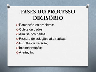FASES DO PROCESSO
DECISÓRIO
O Percepção do problema;
O Coleta de dados;
O Análise dos dados;
O Procura de soluções alternativas;
O Escolha ou decisão;
O Implementação;
O Avaliação.
 