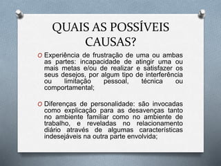 QUAIS AS POSSÍVEIS
CAUSAS?
O Experiência de frustração de uma ou ambas
as partes: incapacidade de atingir uma ou
mais metas e/ou de realizar e satisfazer os
seus desejos, por algum tipo de interferência
ou limitação pessoal, técnica ou
comportamental;
O Diferenças de personalidade: são invocadas
como explicação para as desavenças tanto
no ambiente familiar como no ambiente de
trabalho, e reveladas no relacionamento
diário através de algumas características
indesejáveis na outra parte envolvida;
 