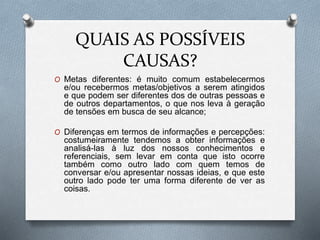 QUAIS AS POSSÍVEIS
CAUSAS?
O Metas diferentes: é muito comum estabelecermos
e/ou recebermos metas/objetivos a serem atingidos
e que podem ser diferentes dos de outras pessoas e
de outros departamentos, o que nos leva à geração
de tensões em busca de seu alcance;
O Diferenças em termos de informações e percepções:
costumeiramente tendemos a obter informações e
analisá-las à luz dos nossos conhecimentos e
referenciais, sem levar em conta que isto ocorre
também como outro lado com quem temos de
conversar e/ou apresentar nossas ideias, e que este
outro lado pode ter uma forma diferente de ver as
coisas.
 
