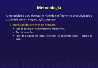 Metodologia 
A metodologia para detectar o nível de conflito entre produtividade e 
qualidade em uma organização passa por: 
1. Definição dos critérios de pesquisa 
• Tipo de pesquisa – exploratória ou explanatória, 
• Tipo de questões, 
• Foco da pesquisa em dados históricos ou contemporâneos – estudo de 
caso. 
 