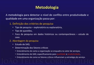 Metodologia 
A metodologia para detectar o nível de conflito entre produtividade e 
qualidade em uma organização passa por: 
1. Definição dos critérios de pesquisa 
• Tipo de pesquisa – exploratória ou explanatória, 
• Tipo de questões, 
• Foco da pesquisa em dados históricos ou contemporâneos – estudo de 
caso. 
2. Abordagem da pesquisa 
• Estudo do SAD, 
• Determinação dos fatores críticos 
• Entendimento de como a organização se enquadra no setor de serviços, 
• Entendimento do SAD, especificamente para qualidade e produtividade, 
• Entendimento de como os fatores críticos influenciam a estratégia do serviço. 
 