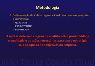 Metodologia 
5. Determinação da ênfase organizacional com base nas pesquisas 
e entrevistas: 
• QUALIDADE 
• PRODUTIVIDADE 
• EQUILIBRADA 
A ênfase determina o grau de conflito entre produtividade 
e qualidade e as ações necessárias para que a estratégia 
seja adequada aos objetivos da empresa. 
 