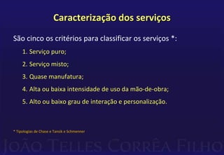 Caracterização dos serviços 
São cinco os critérios para classificar os serviços *: 
1. Serviço puro; 
2. Serviço misto; 
3. Quase manufatura; 
4. Alta ou baixa intensidade de uso da mão-de-obra; 
5. Alto ou baixo grau de interação e personalização. 
* Tipologias de Chase e Tansik e Schmenner 
 