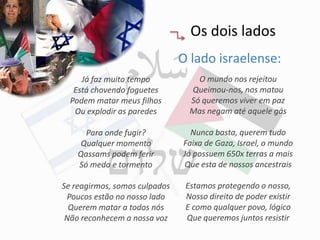 Os dois lados
                               O lado israelense:
     Já faz muito tempo            O mundo nos rejeitou
   Está chovendo foguetes        Queimou-nos, nos matou
  Podem matar meus filhos        Só queremos viver em paz
   Ou explodir as paredes        Mas negam até aquele gás

      Para onde fugir?           Nunca basta, querem tudo
     Qualquer momento          Faixa de Gaza, Israel, o mundo
    Qassams podem ferir        Já possuem 650x terras a mais
    Só medo e tormento         Que esta de nossos ancestrais

Se reagirmos, somos culpados    Estamos protegendo o nosso,
 Poucos estão no nosso lado     Nosso direito de poder existir
  Querem matar a todos nós      E como qualquer povo, lógico
 Não reconhecem a nossa voz     Que queremos juntos resistir
 