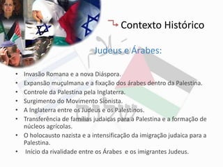 Contexto Histórico

                            Judeus e Árabes:

• Invasão Romana e a nova Diáspora.
• Expansão muçulmana e a fixação dos árabes dentro da Palestina.
• Controle da Palestina pela Inglaterra.
• Surgimento do Movimento Sionista.
• A Inglaterra entre os Judeus e os Palestinos.
• Transferência de famílias judaicas para a Palestina e a formação de
  núcleos agrícolas.
• O holocausto nazista e a intensificação da imigração judaica para a
  Palestina.
• Início da rivalidade entre os Árabes e os imigrantes Judeus.
 