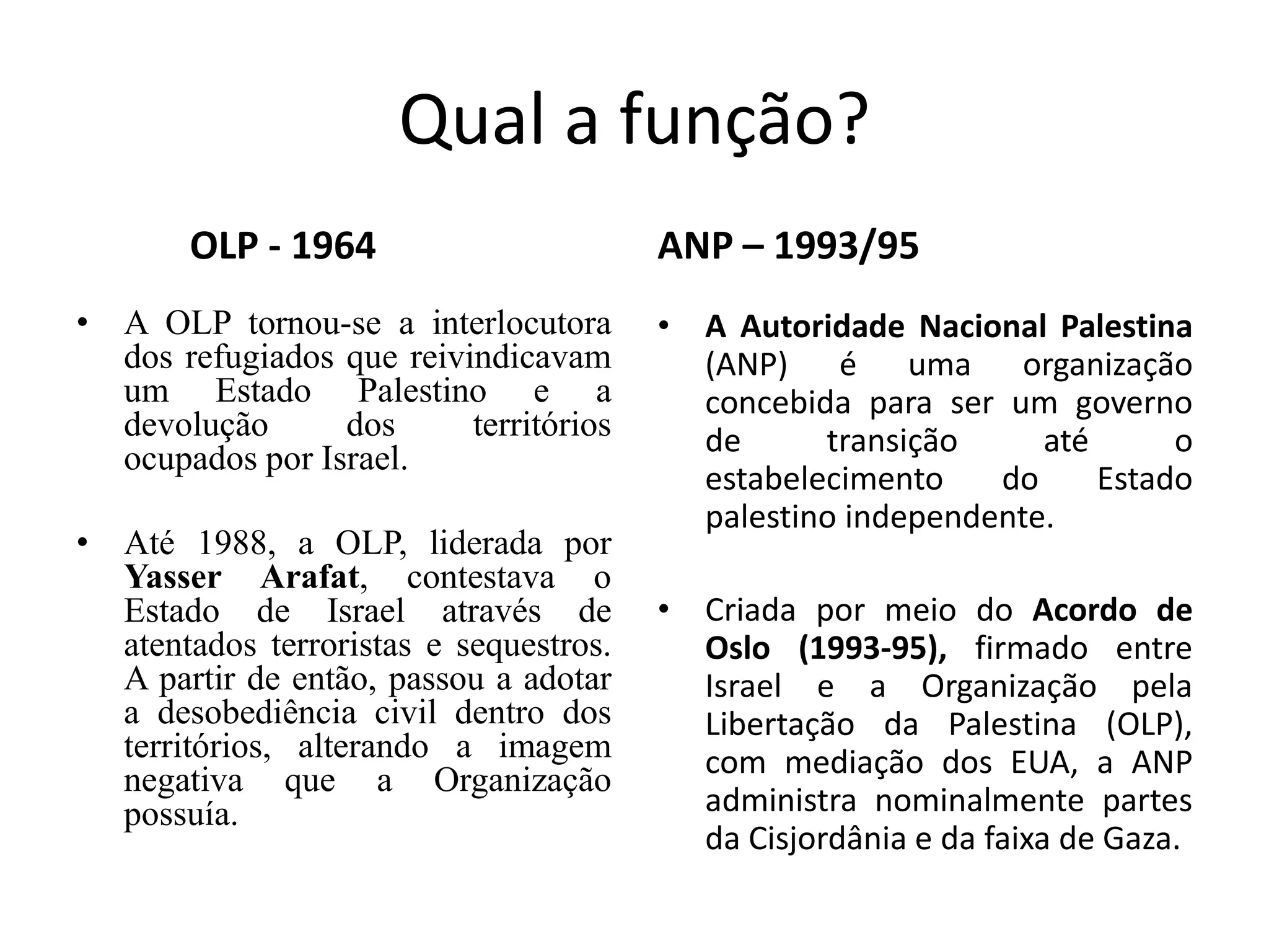 Qual a função?
OLP - 1964
• A OLP tornou-se a interlocutora
dos refugiados que reivindicavam
um Estado Palestino e a
devolução dos territórios
ocupados por Israel.
• Até 1988, a OLP, liderada por
Yasser Arafat, contestava o
Estado de Israel através de
atentados terroristas e sequestros.
A partir de então, passou a adotar
a desobediência civil dentro dos
territórios, alterando a imagem
negativa que a Organização
possuía.
ANP – 1993/95
• A Autoridade Nacional Palestina
(ANP) é uma organização
concebida para ser um governo
de transição até o
estabelecimento do Estado
palestino independente.
• Criada por meio do Acordo de
Oslo (1993-95), firmado entre
Israel e a Organização pela
Libertação da Palestina (OLP),
com mediação dos EUA, a ANP
administra nominalmente partes
da Cisjordânia e da faixa de Gaza.
 