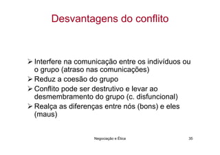 Desvantagens do conflito



Interfere na comunicação entre os indivíduos ou
o grupo (atraso nas comunicações)
Reduz a coesão do grupo
Conflito pode ser destrutivo e levar ao
desmembramento do grupo (c. disfuncional)
Realça as diferenças entre nós (bons) e eles
(maus)


                  Negociação e Ética          35
 