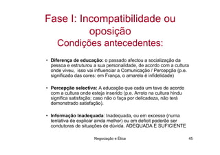 Fase I: Incompatibilidade ou
          oposição
     Condições antecedentes:
• Diferença de educação: o passado afectou a socialização da
  pessoa e estruturou a sua personalidade, de acordo com a cultura
  onde viveu, isso vai influenciar a Comunicação / Percepção (p.e.
  significado das cores: em França, o amarelo é infidelidade)

• Percepção selectiva: A educação que cada um teve de acordo
  com a cultura onde esteja inserido (p.e. Arroto na cultura hindu
  significa satisfação; caso não o faça por delicadeza, não terá
  demonstrado satisfação).

• Informação Inadequada: Inadequada, ou em excesso (numa
  tentativa de explicar ainda melhor) ou em deficit poderão ser
  condutoras de situações de dúvida. ADEQUADA E SUFICIENTE

                       Negociação e Ética                            45
 
