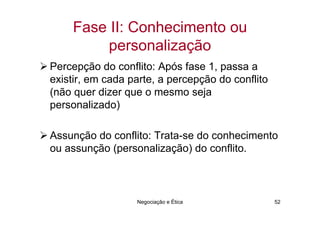 Fase II: Conhecimento ou
        personalização
Percepção do conflito: Após fase 1, passa a
existir, em cada parte, a percepção do conflito
(não quer dizer que o mesmo seja
personalizado)

Assunção do conflito: Trata-se do conhecimento
ou assunção (personalização) do conflito.



                  Negociação e Ética              52
 